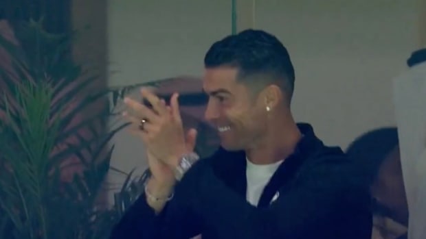 Al Nassr captain Cristiano Ronaldo pictured applauding from the stands during his team's 6-0 win over Inter Miami in February 2024